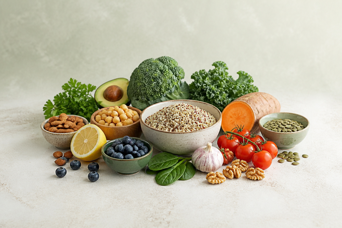 Whole foods on a table: bowls of quinoa, chickpeas, almonds, blueberries and pumpkin seeds with broccoli, kale, avocado, sweet potato and tomatoes