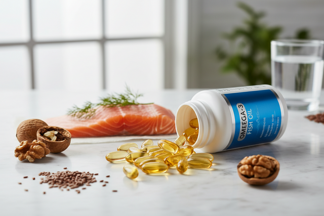 Omega 3 and salmon on a counter