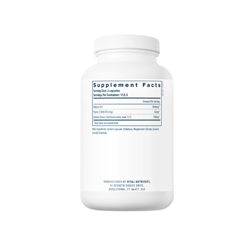 Betaine HCL, Pepsin og Ensian Rod Ekstrakt | 225 Kapsler | Vital Nutrients